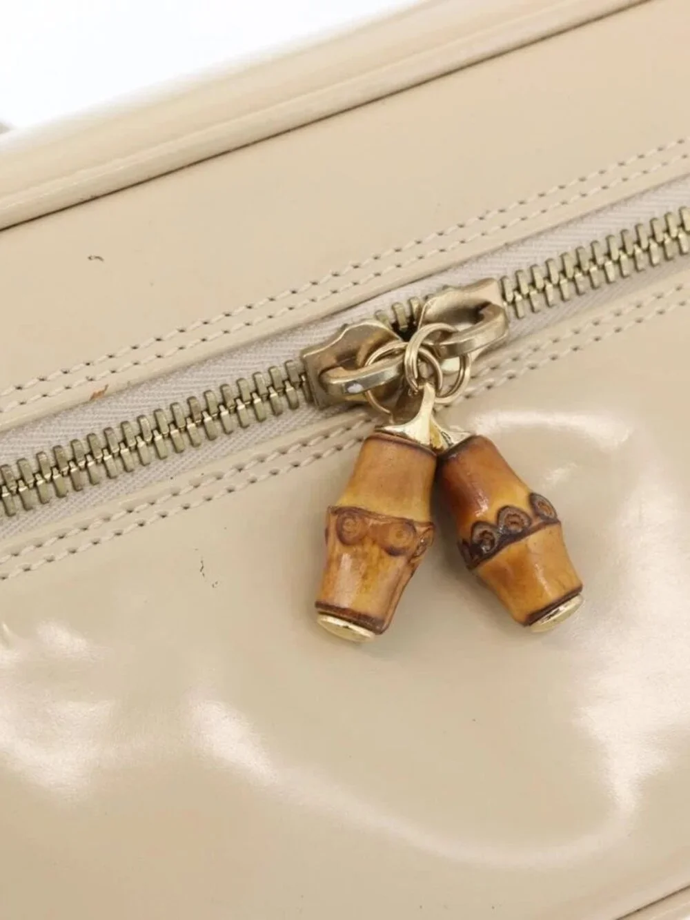 GUCCI Bamboo Vanity Hand Bag Patent leather Beige Gold 032 1705 0150 Auth YKZ739